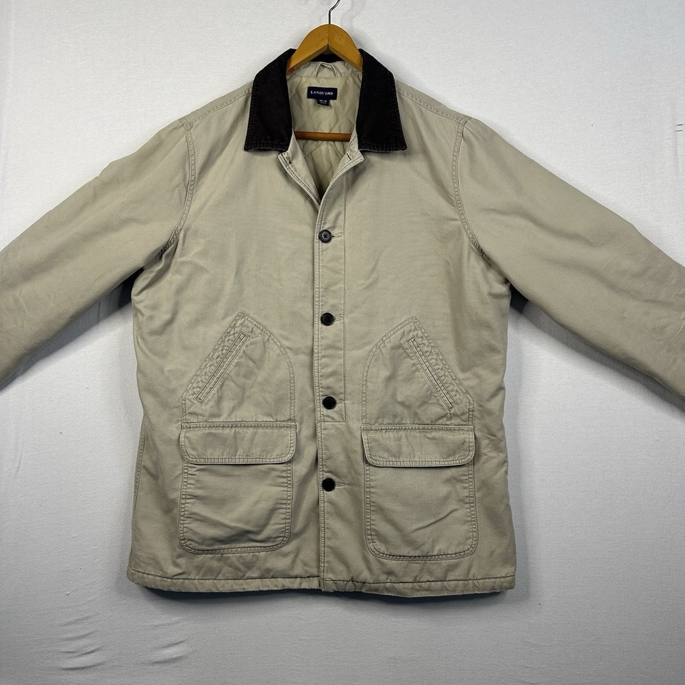 Lands End Chore‎ Coat Men's XL/T Beige Tan Flannel Lined Canvas Barn Work Ranch